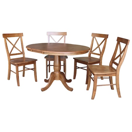 International Concepts Round 36 in Round Extension Dining Table with 4 Chairs, Distressed Oak, 36 in W, 48 in L, 29.3 in H K42-36RXT-C613-4